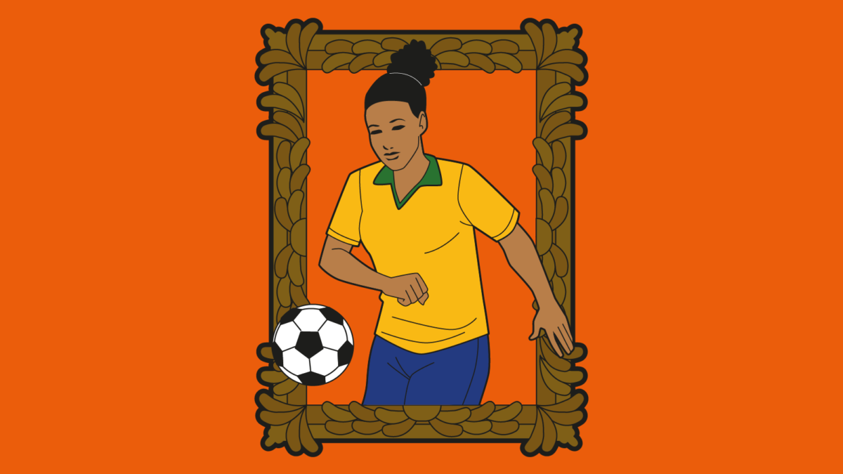 Imagem em um fundo laranja. Há uma moldura dourada com uma jogadora que veste amarelo de Brasi