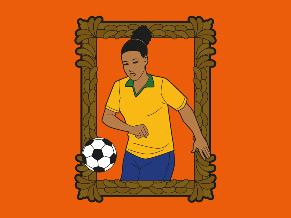 Imagem em um fundo laranja. Há uma moldura dourada com uma jogadora que veste amarelo de Brasi